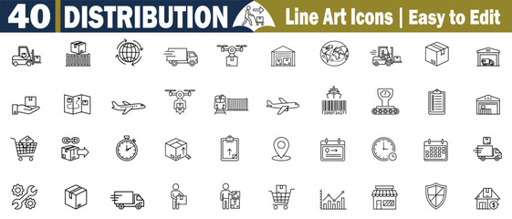 Line Art Icons Collection of Distribution Logistics. Freight Shipping, Transportation Warehouse, Delivery Package, Global Network, and Supply Chain in Vector illustration. 