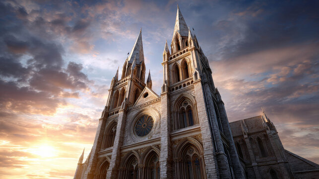 Majestic Medieval European Cathedral Reaching Towards the Sunrise with Tall Stone Towers Illuminated by Early Morning Light