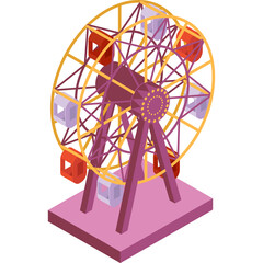 Isometric Ferris Wheel Amusement Park Ride With Colorful Gondolas In A Flat Design On A Pink Base And Transparent Background