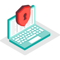 Isometric Illustration Of A Laptop Screen Protected By A Red Shield With A Keyhole Symbol Featuring A Digital Data Background And A Subtle Gray Shadow Underneath
