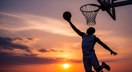 Silhouette of basketball player jumping with ball towards hoop at sunset sky background