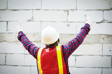 Builder's Triumph: An industrious builder stands before a completed construction project, arms raised in a gesture of triumph and satisfaction, conveying pride in workmanship.