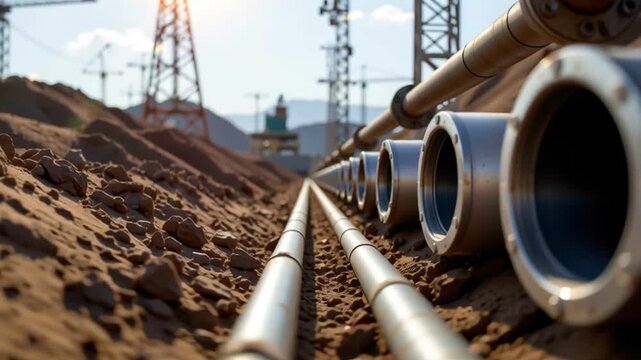 Industrial pipeline construction desert landscape with metal pipe sections, earthworks and engineering grit warm sunrise light, industrial trench