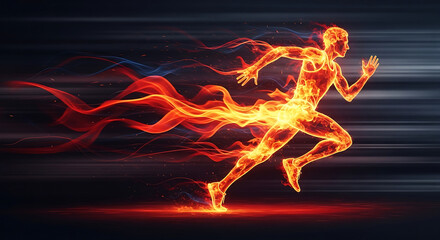 Fiery runner sprinting with speed and motion blur effect on a dark background with red and blue flames