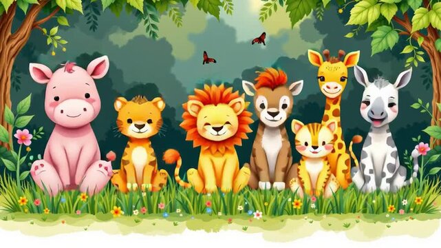 Cute cartoon lion tiger giraffe zebra kitten foal piglet sitting grassy forest smiling playful baby animals sunny clearing with flowers butterflies