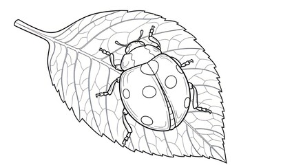 Ladybug on leaf illustration monochrome outline for nature and design