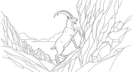 Line art illustration of a mountain goat climbing steep rocky terrain
