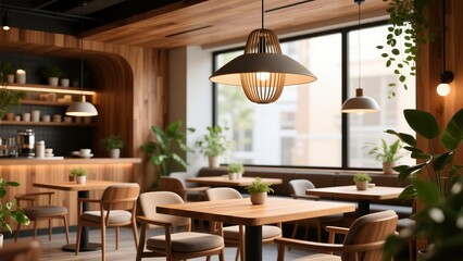 Sunlit modern cafe interior featuring minimalist wooden furniture and abundant green plants, showcasing a tranquil Japandi design