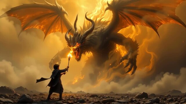 Lone wizard with torch confronts towering fire demon with wings and horns amid rocky plain stormy golden skies young wizard with torch faces colossal