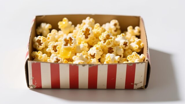Buttery yellow popcorn in a classic red and white striped cardboard box isolated on a white background