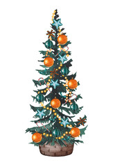 Hand drawn  Christmas tree in basket with blue and orange ornaments. Watercolor illustration.