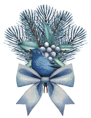 Hand drawn bouquet with Mahonia aquifolium with blue berries, blue bird, blue bow, spruce branches. Watercolor illustration.