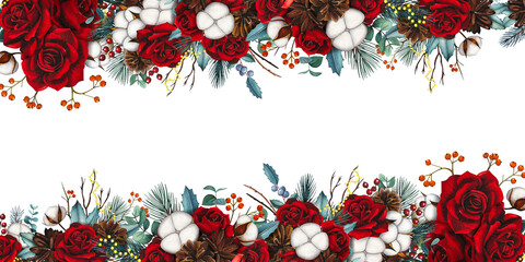 Hand drawn Christmas border with red roses, fir cones, cotton, red, blue berries. Watercolor illustration.
