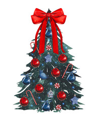 Hand drawn decorated Christmas tree with a red bow. Watercolor illustration.