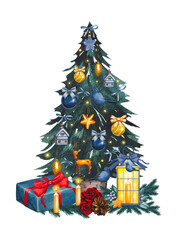 Hand drawn  decorated Christmas tree with  gift box, lantern,ross, candles. Watercolor illustration.