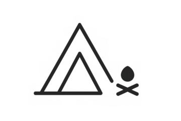 Camping tent icon with campfire graphic representing outdoor recreation, adventure, and campsite stay