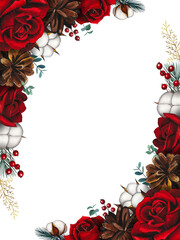 Hand drawn Christmas frame with red roses, fir cones and red berries. Watercolor illustration.