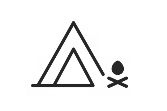 Camping tent icon with campfire graphic representing outdoor recreation, adventure, and campsite stay