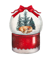 Hand drawn red snow globe with sleeping reindeer in snow covered fir trees, red bow. A Christmas watercolor illustration.