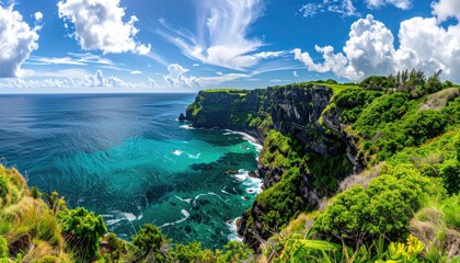 Vast Ocean Meets Lush Green Cliffs Under a Dramatic Cloudy Sky with Turquoise Water and Coastal Vegetation
