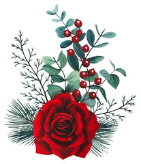 Hand drawn Christmas bouquet with red rose, eacalyptus, spruce branches, red berries. Watercolor illustration.