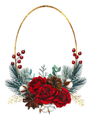 Hand drawn golden Christmas wreath with red roses, cotton, fir cones, red berries, spruce branches. Watercolor illustration.