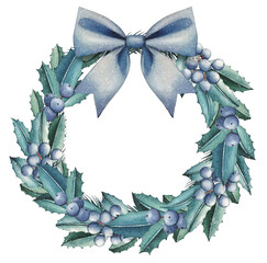 Hand drawn Christmas wreath with Mahonia aquifolium with blue berries, leaves, blue bow. Watercolor illustration.