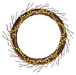 Hand drawn Christmas wreath with tree branches, yellow garland. Watercolor illustration.