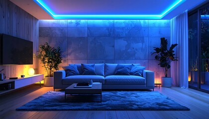 Modern living room bathed in blue light with a sofa, plants, TV, and a rug. It features accent lighting and a view to the outside