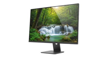 Modern computer monitor displaying scenic waterfall image with transparent background
