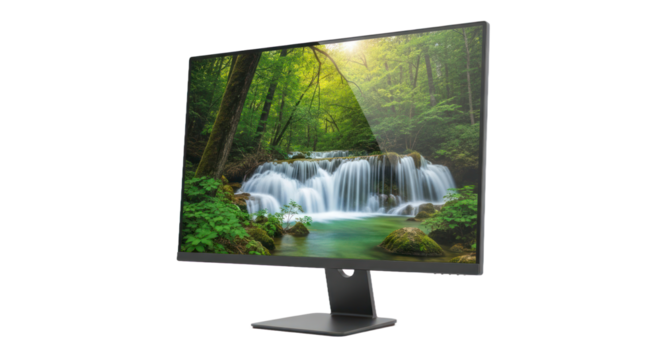 Modern computer monitor displaying scenic waterfall image with transparent background