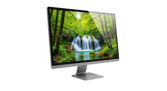 Modern computer monitor with nature scene on transparent background