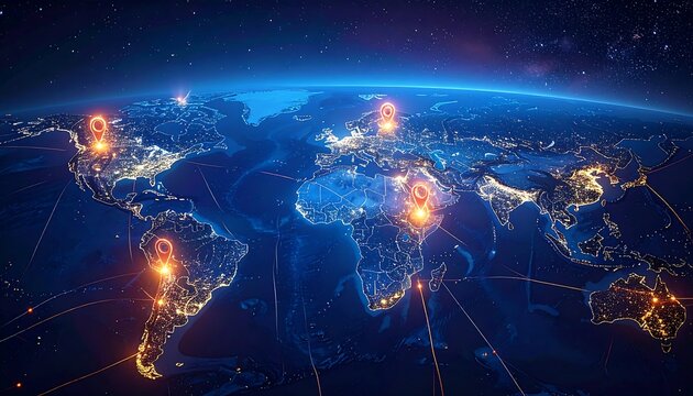 Illuminated globe at night with glowing location markers depicting global connectivity. City lights sparkle, showcasing Earth's surface
