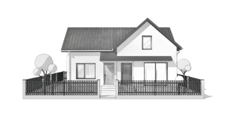 Modern house illustration with fence and trees against transparent background