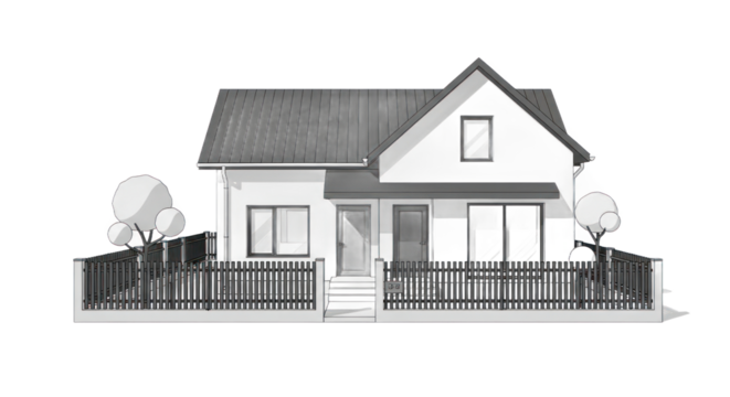 Modern house illustration with fence and trees against transparent background