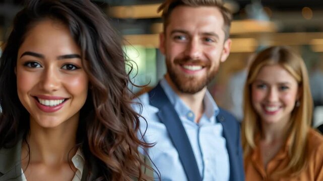 Young woman smile colleague team portrait diverse businessperson office coworker portrait young professional team smiling confidently modern office