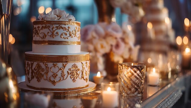 Stunning wedding cake with gold accents and glowing candles creating a romantic ambiance for celebrations and elegant events