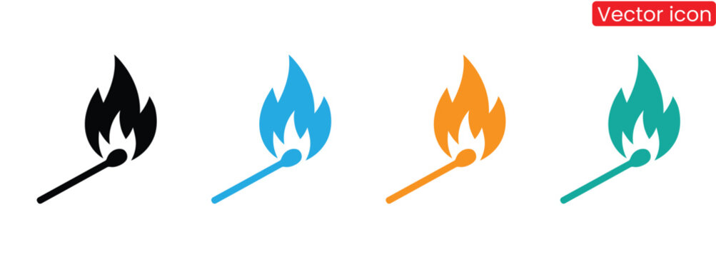 Match fire line icon vector illustration set.Striking matches ignite flames in various colors for innovative designs,Burning matchstick, fire match, matchstick on fire, isolated on white background