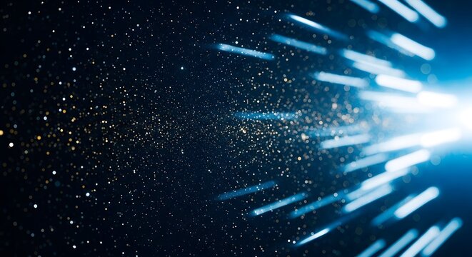 Abstract blue light streaks and glowing particles against a dark background creating a sense of motion and energy