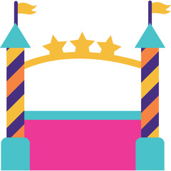 Colorful inflatable castle with teal turquoise towers and pink base adorned with yellow flags and stars on a white background with a playful fun design