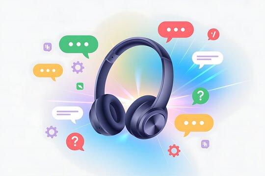 Headphones Surrounded by Colorful Speech Bubbles and Question Marks Representing Communication and Support