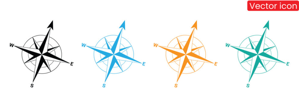 Compass icons set.Compass rose sign.Star icon navigation. Northern Star.Polar Star logo.Wind ros symbol.Nautical wind rose icon.Set sail with vibrant compass rose icons for your navigation design need