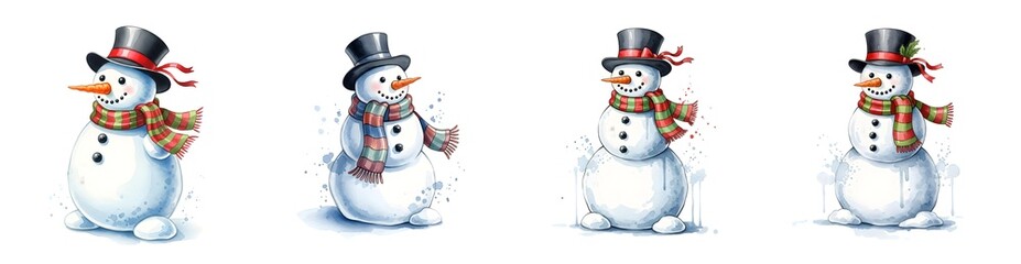 Four Whimsical Snowmen With Hats And Scarves Watercolor Style Isolated Transparent Background Isolate