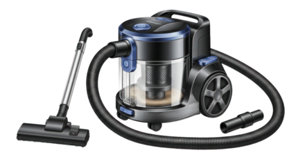 Modern vacuum cleaner with attachments isolated on transparent background