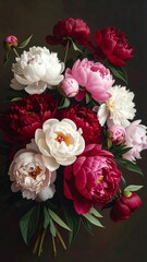 A vibrant floral arrangement showcases a bouquet of colorful peonies. White, pink, and red blooms are arranged with green foliage
