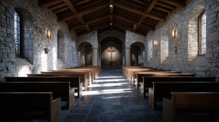 Tranquil Chapel Interior with Narrow Light Beams Illuminating Serene Space and Wooden Pews in Neo-Romanesque Architecture