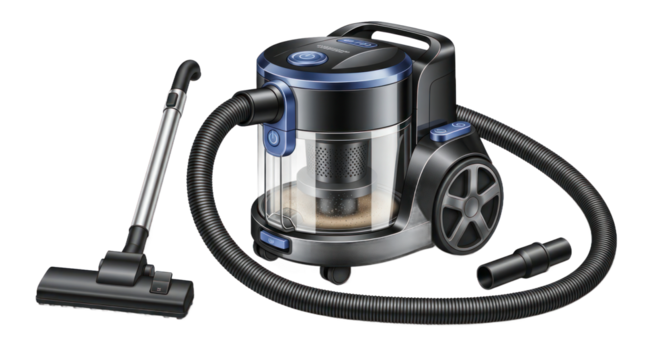 Modern vacuum cleaner with attachments isolated on transparent background