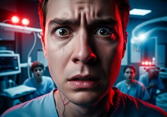 Terrified doctor's intense close up face reflects extreme fear and distress in a dimly lit operating room with blurred medical staff in background