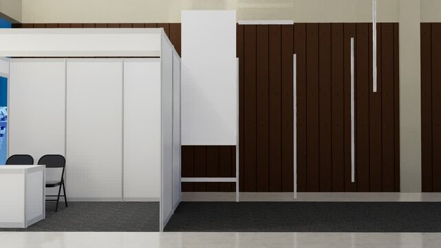 3D animation of exhibition booth phasing build-up. Modern trade show booth setup visualization showing frame, wall panels, and lighting structure in clean minimal indoor hall environment.