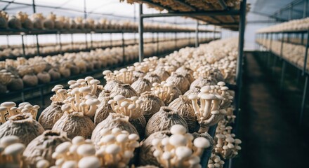 Indoor mushroom farm. Rows of mushroom logs